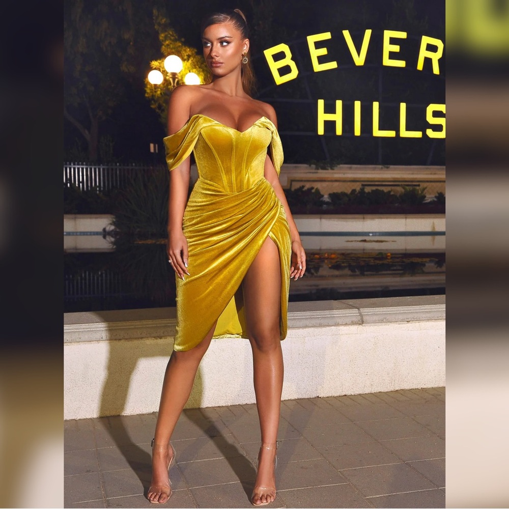- Gold Velvet Off Shoulder Corset Dress